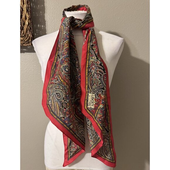 Liberty London Silk Twill Red Brown Cream Paisley Floral Scarf 68.5 x 11 - Picture 1 of 8